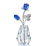 H&D HYALINE & DORA Dos rosas azules de cristal, figura de rosa de cristal con poste...