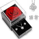 Juego de Rosas Rojas Eternas Preservada,Caja Regalo Romántico Collar con Arete, para el...