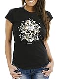 Neverless® Camiseta de manga corta para mujer, diseño de calavera, rosas y calaveras,...
