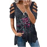 Camiseta de manga corta con hombros descubiertos, para mujer, estampado de rosa, con...