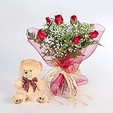 REGALAUNAFLOR-Ramo 6 rosas rojas con osito-FLORES FRESCAS-FLORES NATURALES-Entrega en 24...