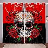 Cortina de Ventana con de Calavera de Rosas ,de Esqueleto,Bohemia, Estampado de Cachemira,...