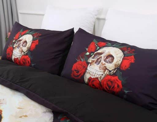 fundas para cama de calaveras y rosas rojas